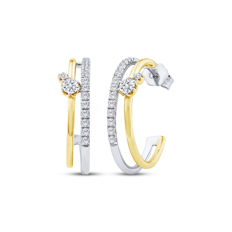 Main Image 1 of KAY Lab-Grown Diamonds Double Row J-Hoop Earrings 1/2 ct tw Sterling Silver & 10K Yellow Gold